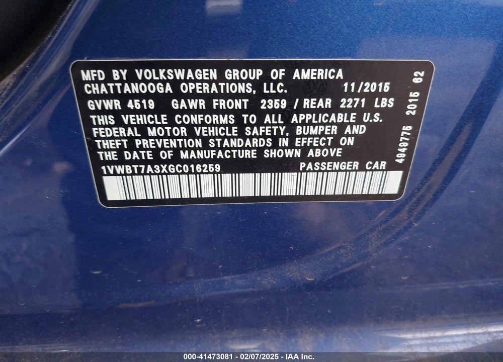 2016 VOLKSWAGEN PASSAT 1.8T SE VIN: 1VWBT7A3XGC016259