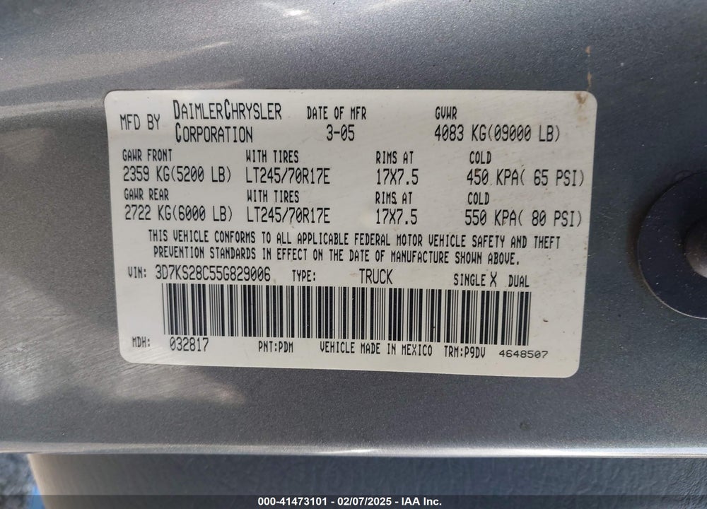 2005 DODGE RAM 2500 ST VIN: 3D7KS28C55G829006