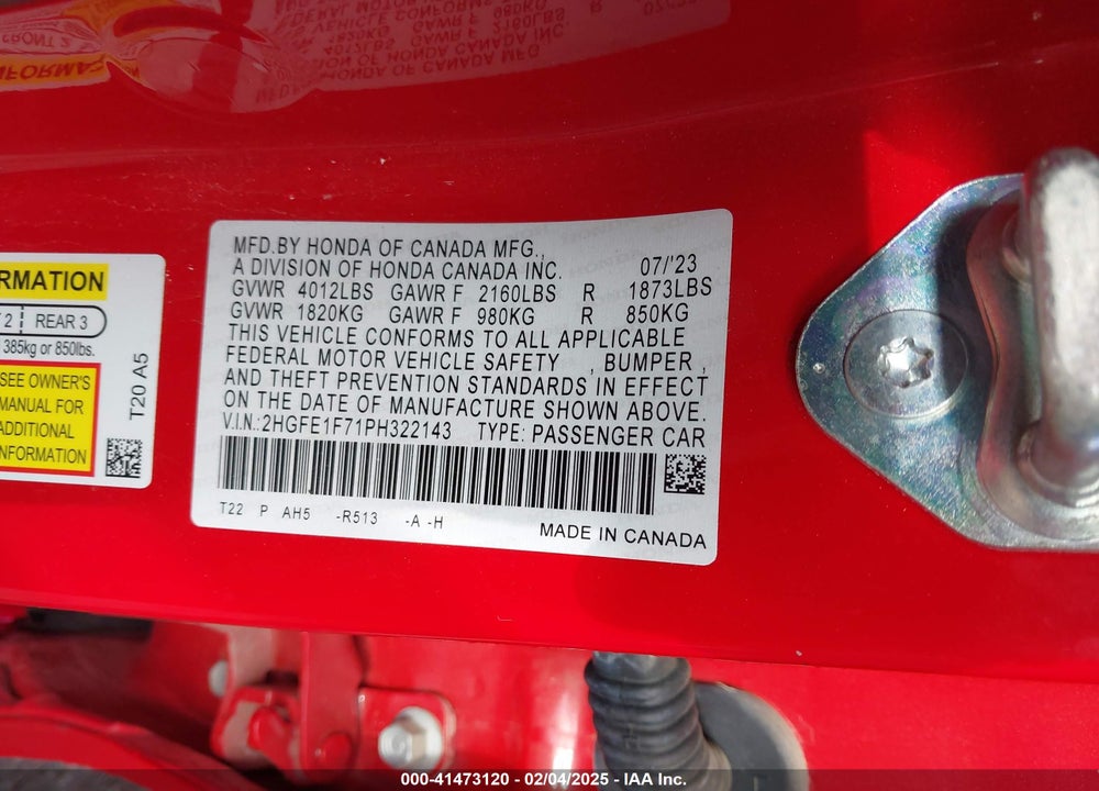 2023 HONDA CIVIC VIN: 2HGFE1F71PH322143