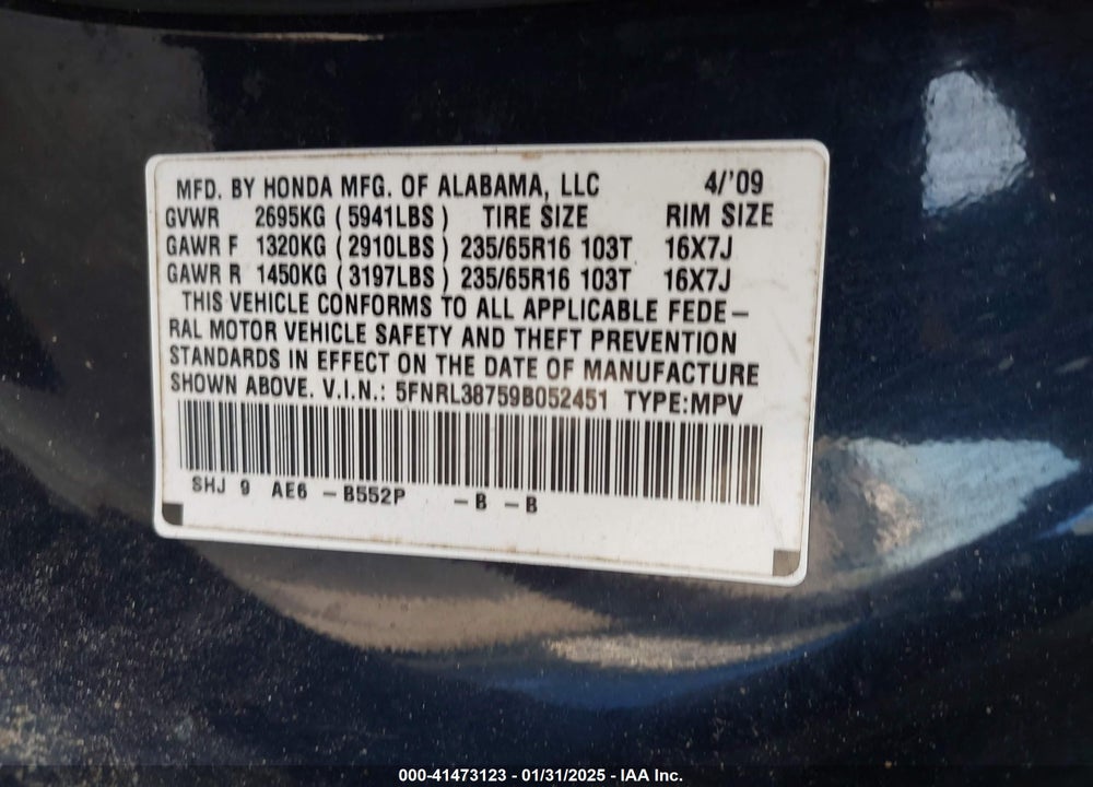 2009 HONDA ODYSSEY EX-L VIN: 5FNRL38759B052451