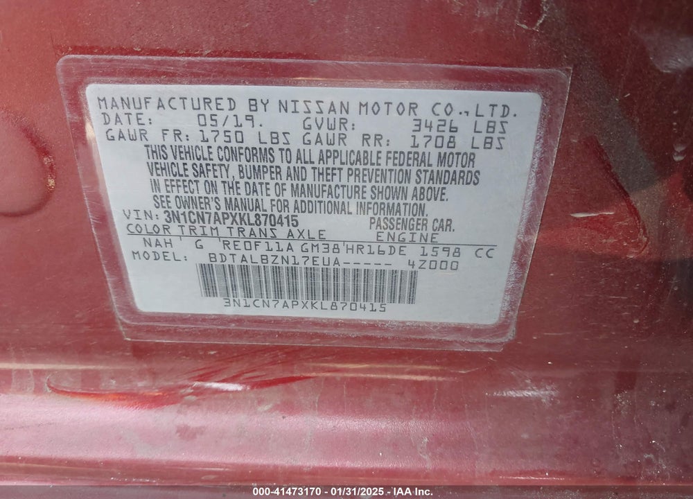 2019 NISSAN VERSA 1.6 SV VIN: 3N1CN7APXKL870415