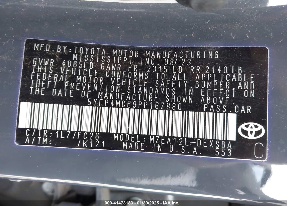 2023 TOYOTA COROLLA VIN: 5YFP4MCE9PP167880