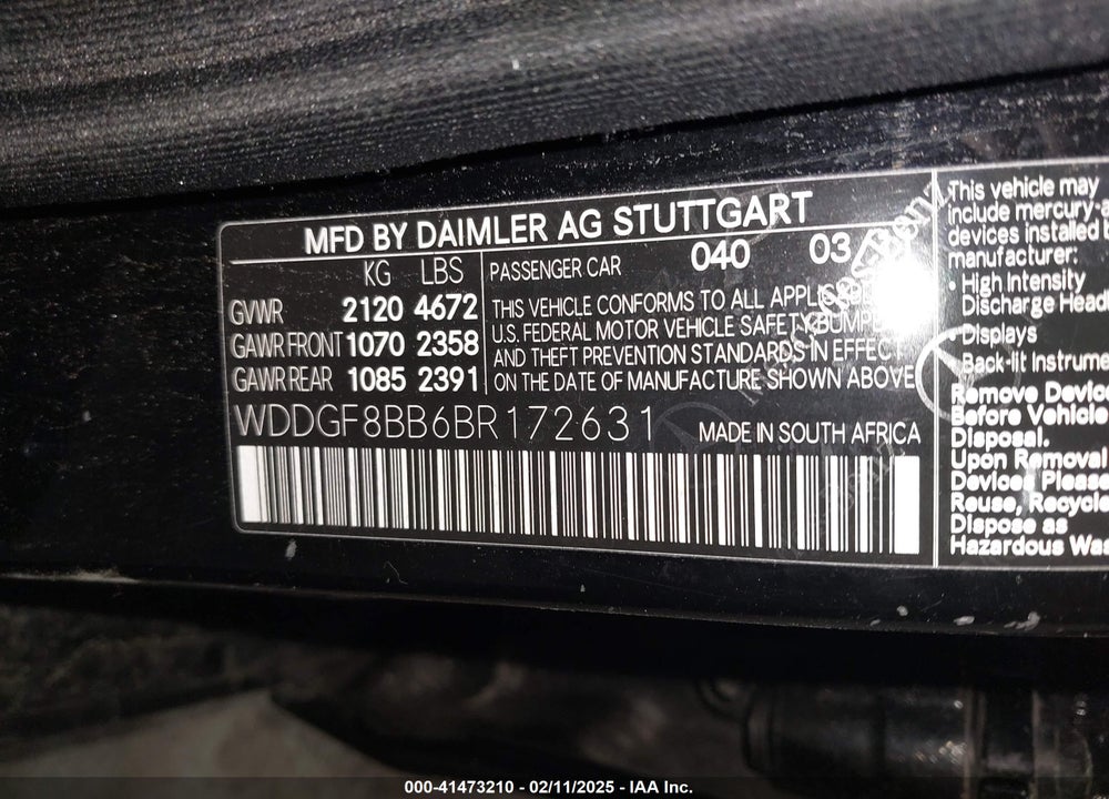 2011 MERCEDES-BENZ C 300 VIN: WDDGF8BB6BR172631