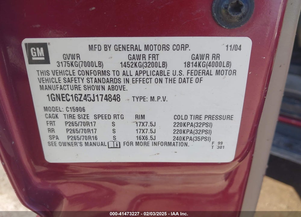 2005 CHEVROLET SUBURBAN 1500 LT VIN: 1GNEC16Z45J174848
