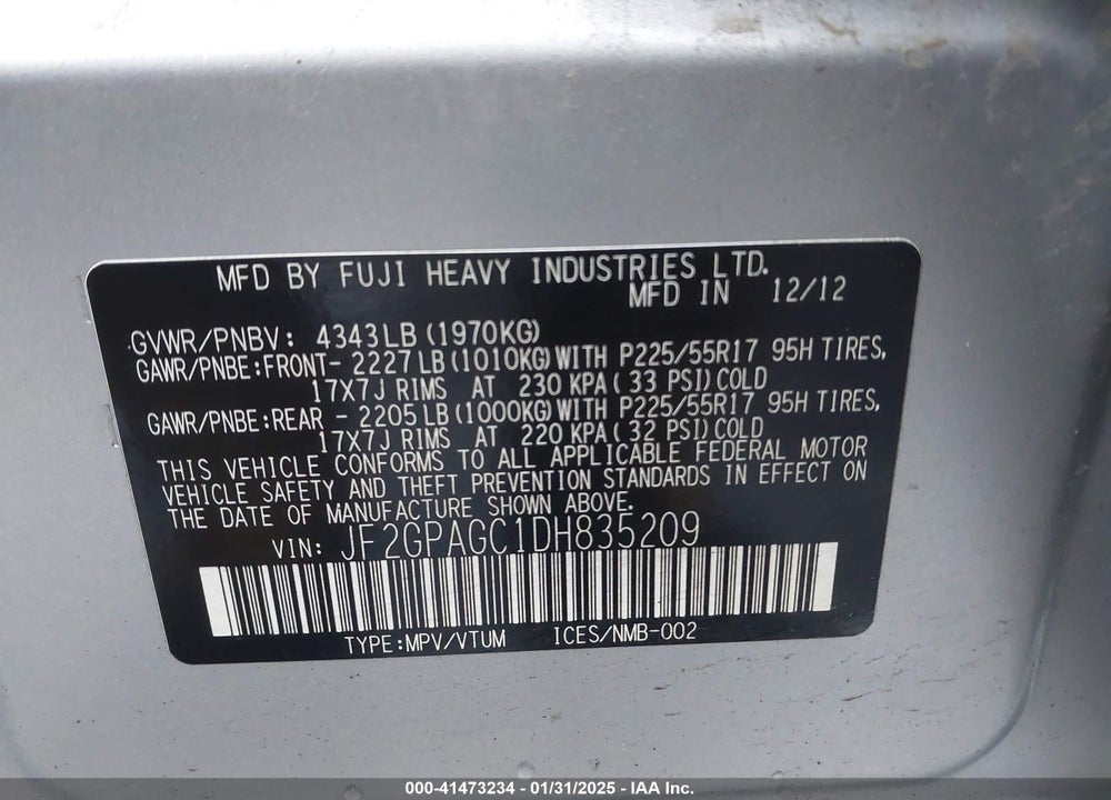 2013 SUBARU XV CROSSTREK VIN: JF2GPAGC1DH835209