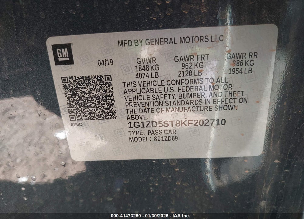 2019 CHEVROLET MALIBU VIN: 1G1ZD5ST8KF202710