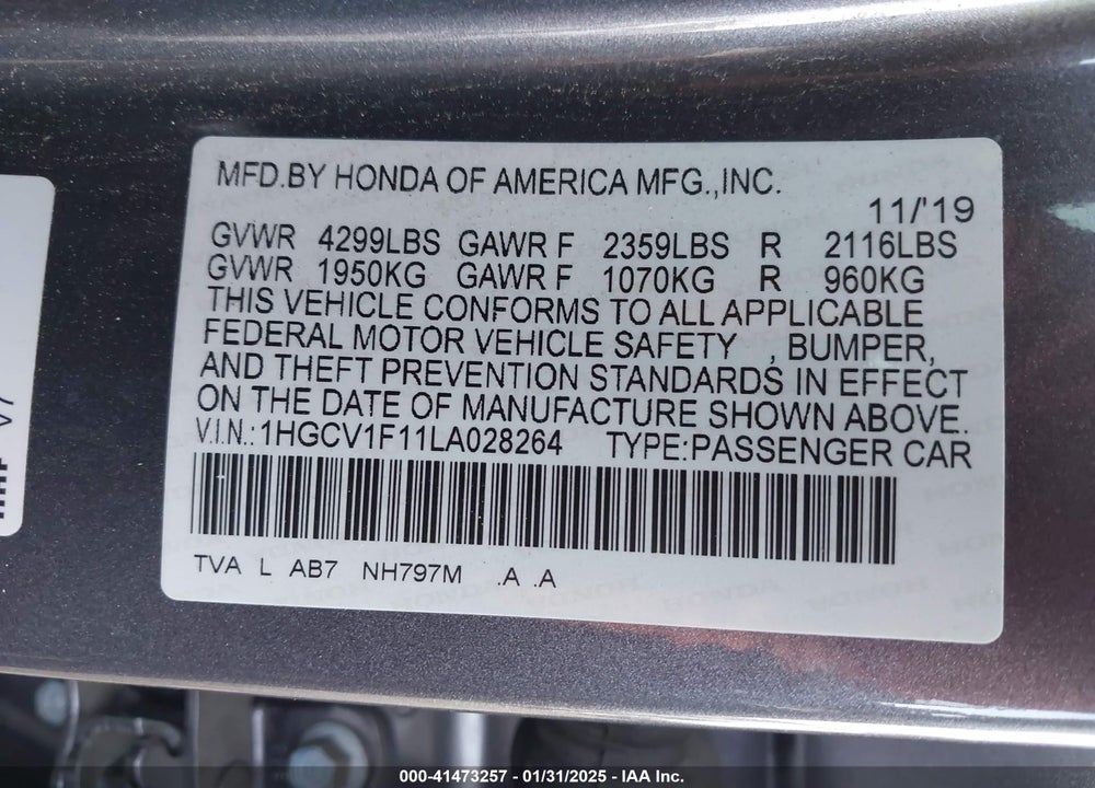 2020 HONDA ACCORD VIN: 1HGCV1F11LA028264