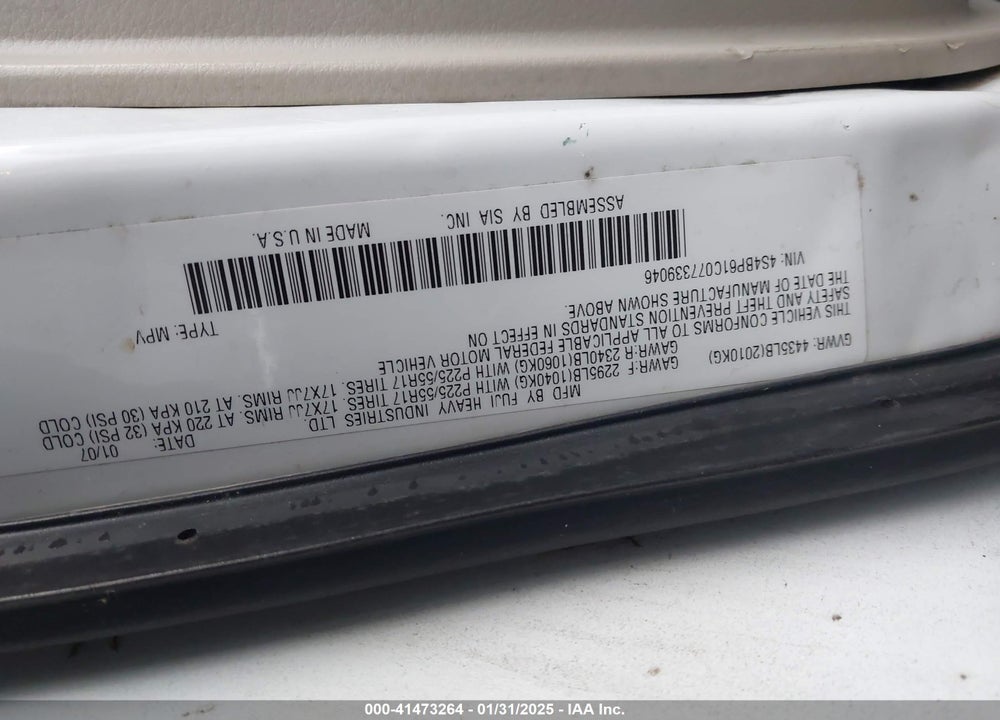 2007 SUBARU OUTBACK VIN: 4S4BP61C077339046
