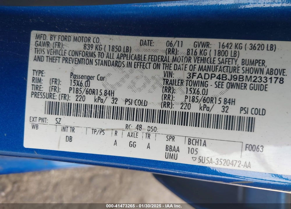 2011 FORD FIESTA SE VIN: 3FADP4BJ9BM233178