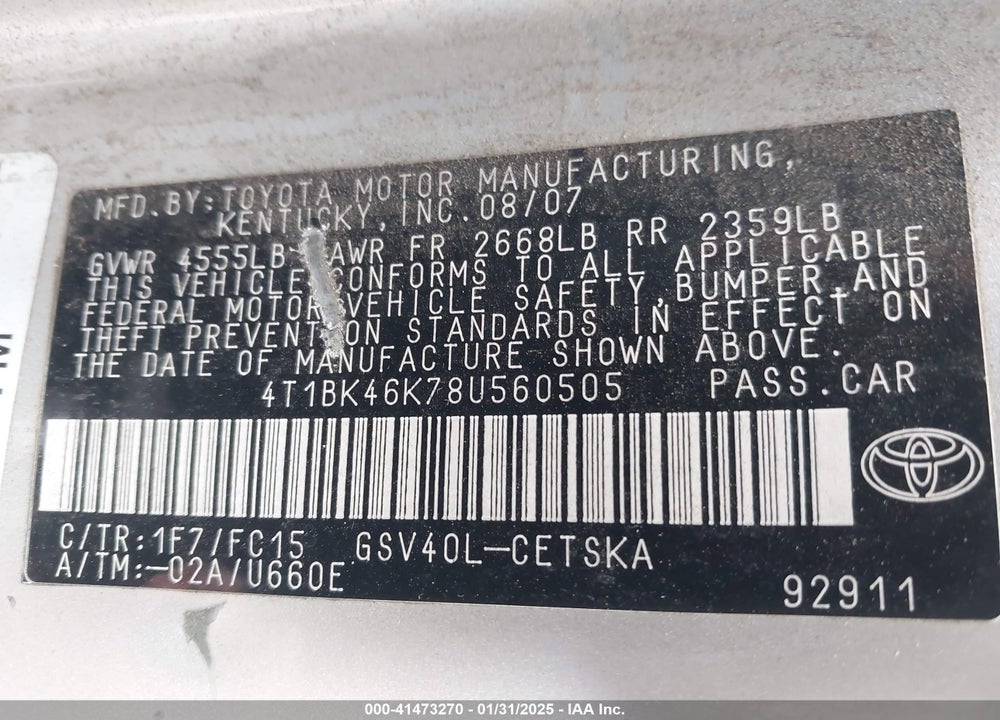 2008 TOYOTA CAMRY SE V6 VIN: 4T1BK46K78U560505