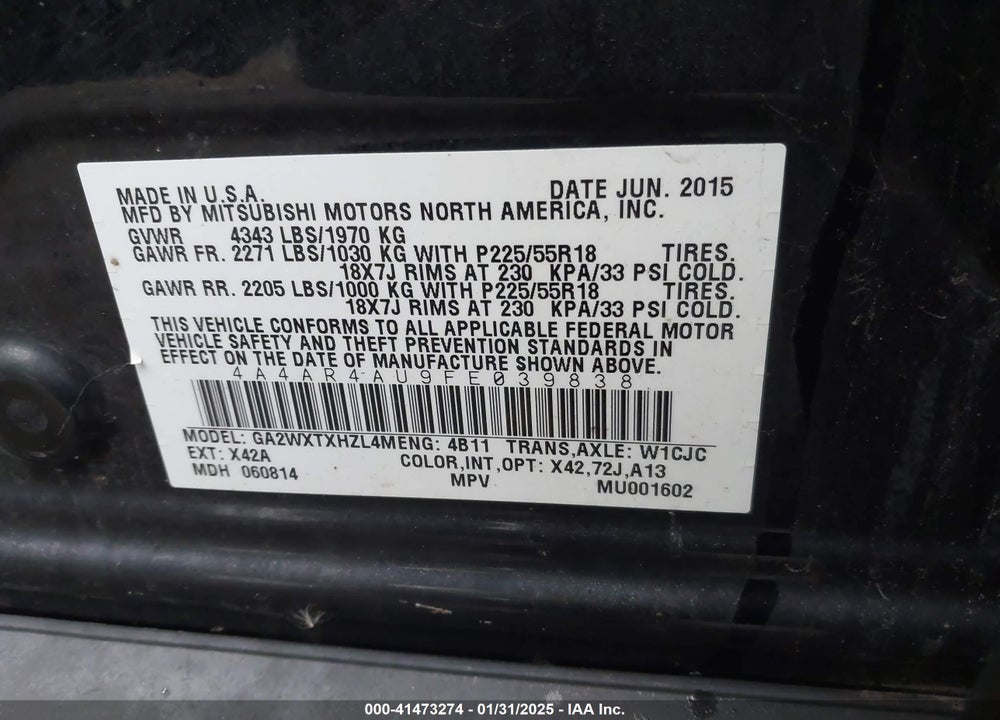 2015 MITSUBISHI OUTLANDER SPORT VIN: 4A4AR4AU9FE039838