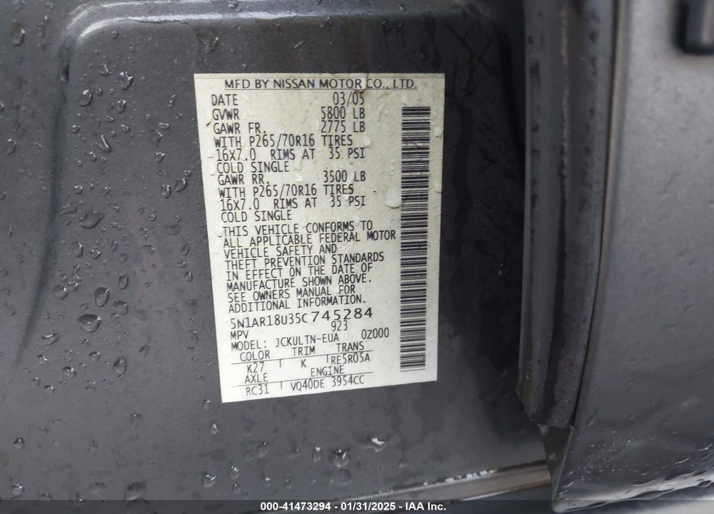 2005 NISSAN PATHFINDER SE VIN: 5N1AR18U35C745284