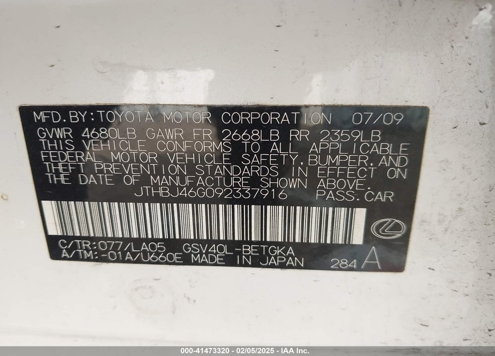 2009 LEXUS ES 350 VIN: JTHBJ46G092337916