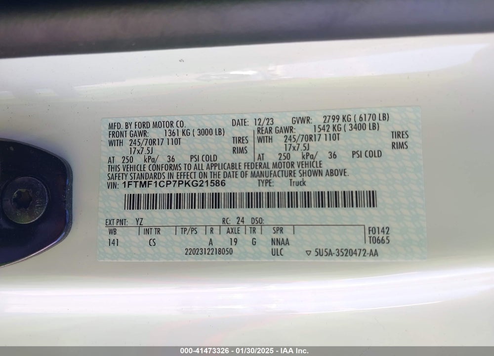 2023 FORD F-150 VIN: 1FTMF1CP7PKG21586