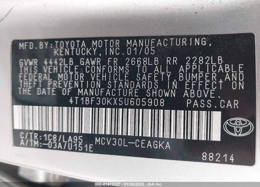 2005 TOYOTA CAMRY XLE V6 VIN: 4T1BF30KX5U605908