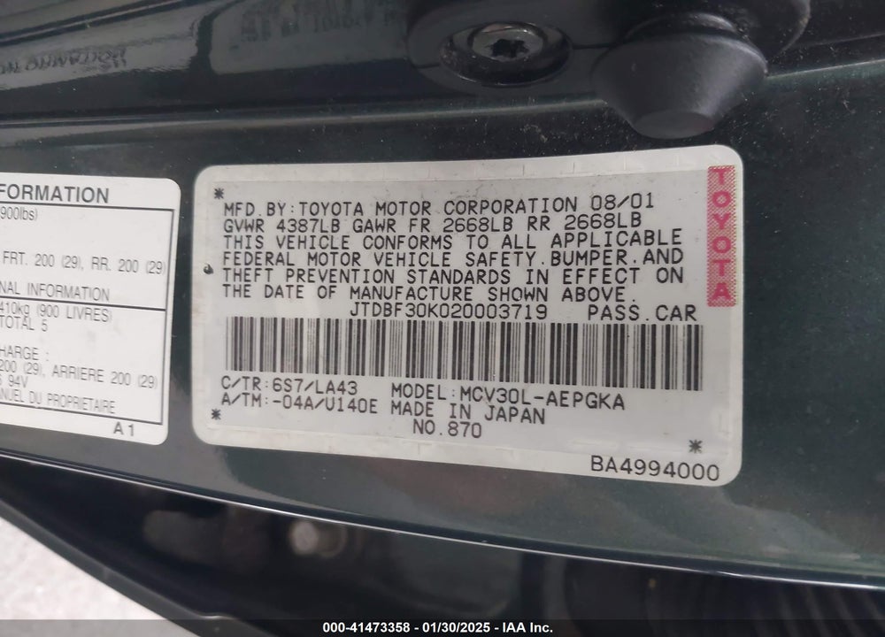 2002 TOYOTA CAMRY LE V6/SE V6/XLE V6 VIN: JTDBF30K020003719