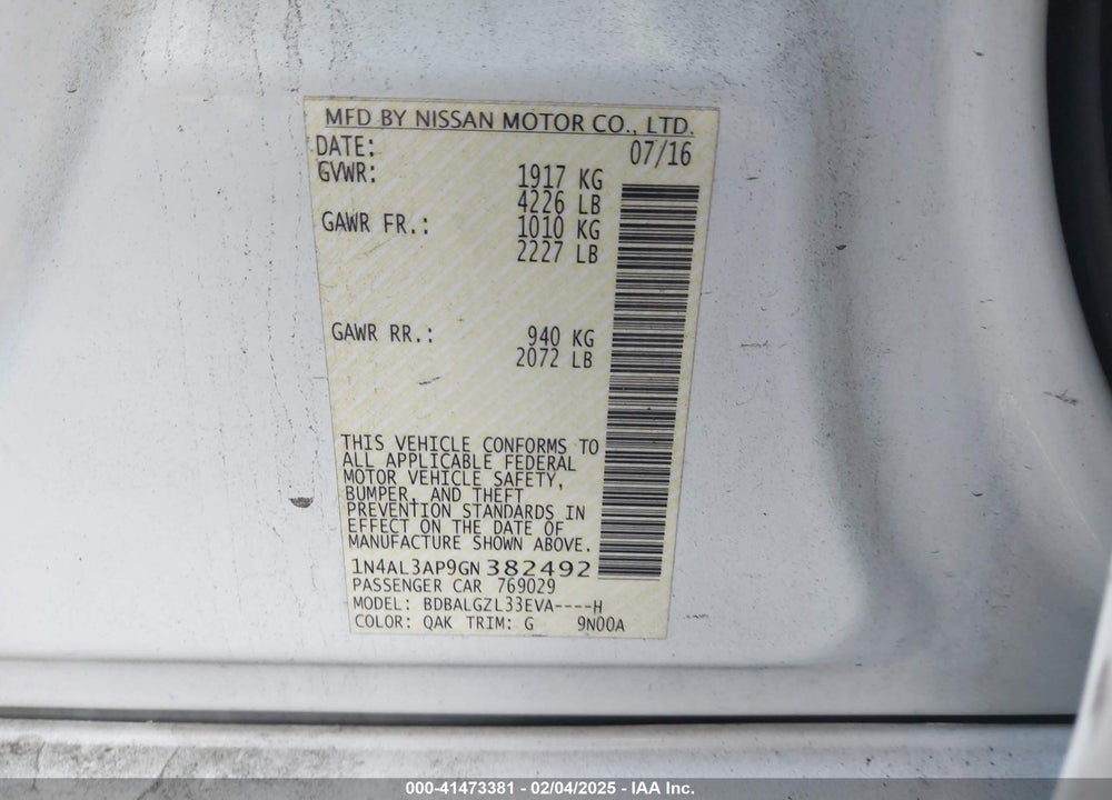 2016 NISSAN ALTIMA VIN: 1N4AL3AP9GN382492