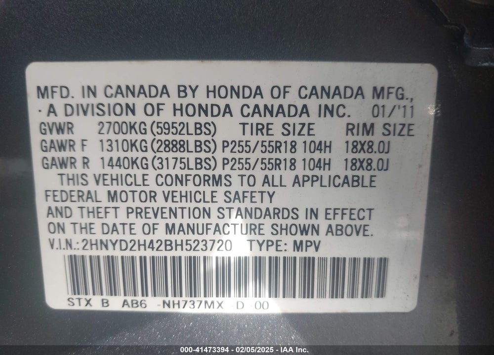 2011 ACURA MDX VIN: 2HNYD2H42BH523720