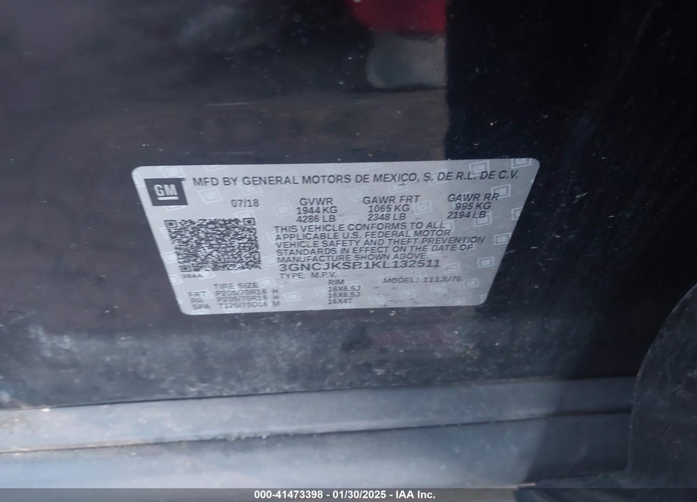 2019 CHEVROLET TRAX LS VIN: 3GNCJKSB1KL132511