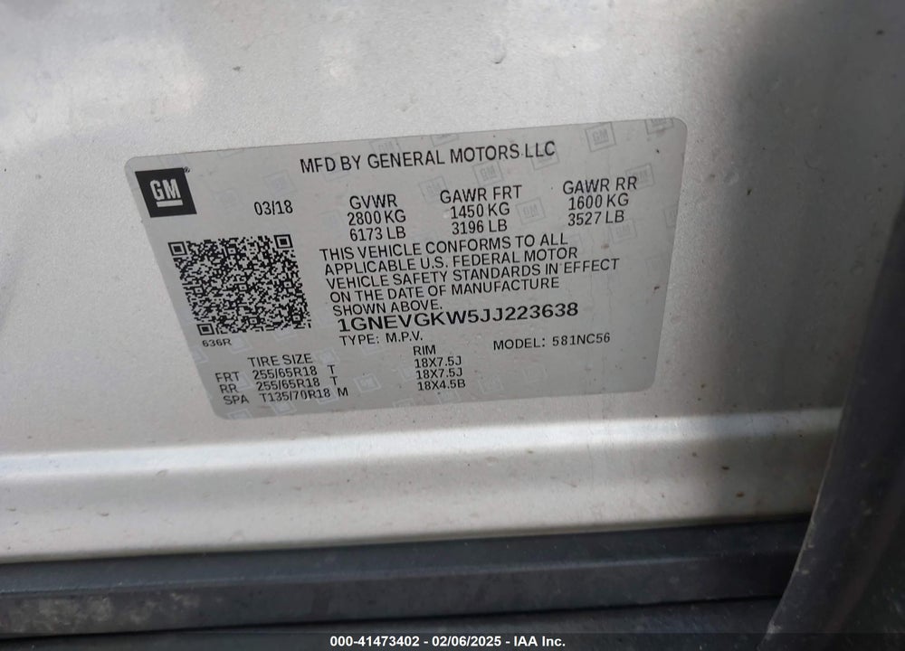 2018 CHEVROLET TRAVERSE VIN: 1GNEVGKW5JJ223638