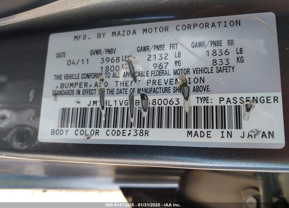 2011 MAZDA 3 I TOURING VIN: JM1BL1VG9B1480063