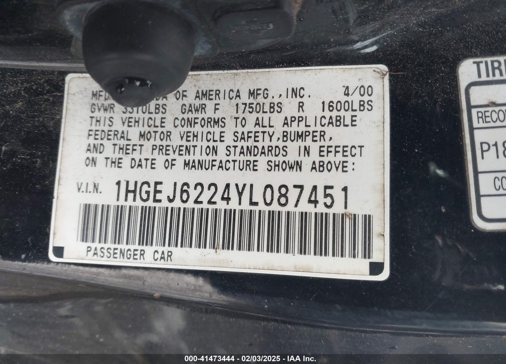 2000 HONDA CIVIC DX VIN: 1HGEJ6224YL087451