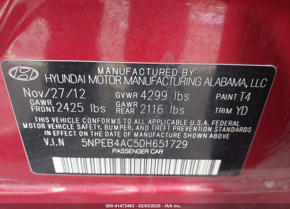 2013 HYUNDAI SONATA VIN: 5NPEB4AC5DH651729
