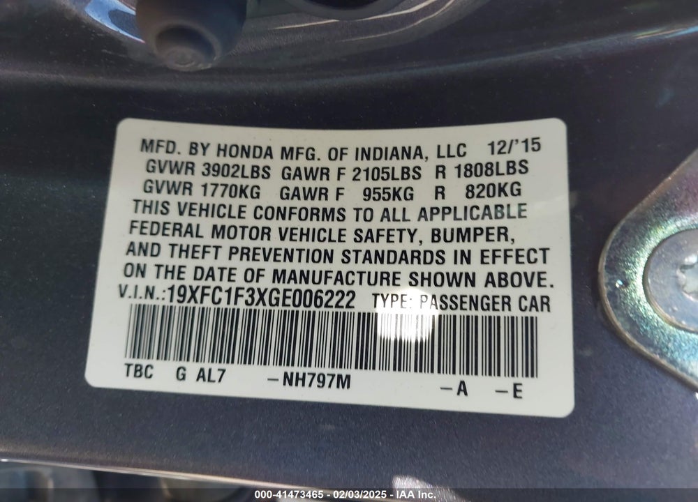 2016 HONDA CIVIC VIN: 19XFC1F3XGE006222