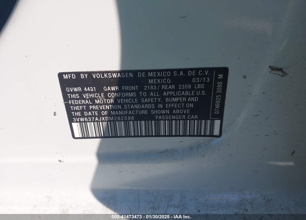 2013 VOLKSWAGEN JETTA HYBRID VIN: 3VW637AJXDM282598