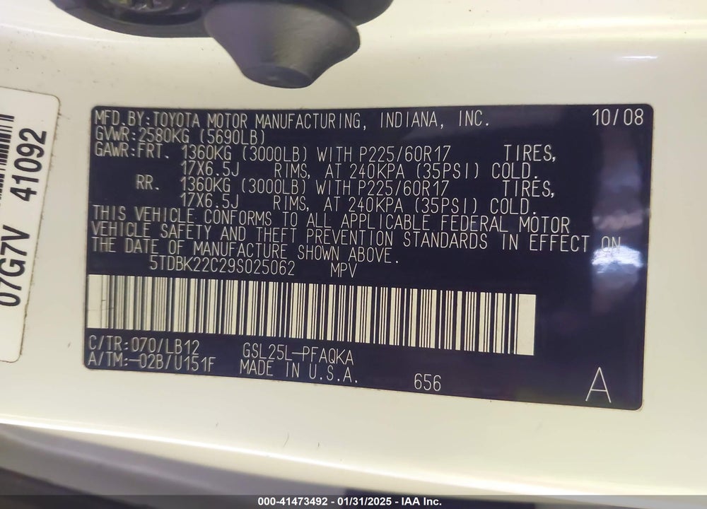 2009 TOYOTA SIENNA VIN: 5TDBK22C29S025062