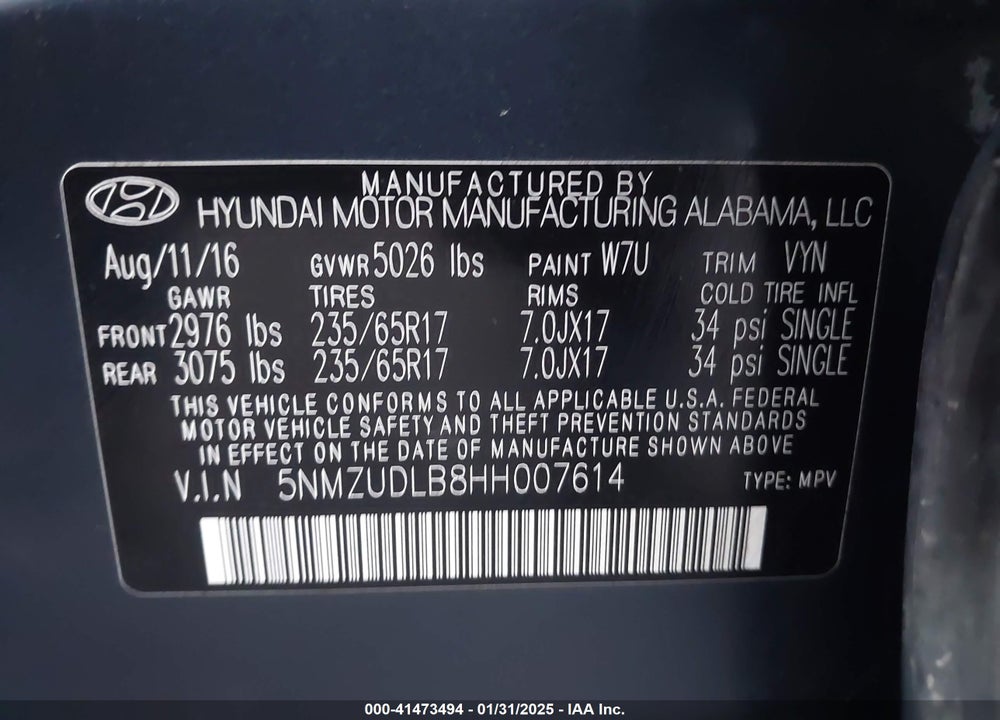 2017 HYUNDAI SANTA FE SPORT 2.4L VIN: 5NMZUDLB8HH007614