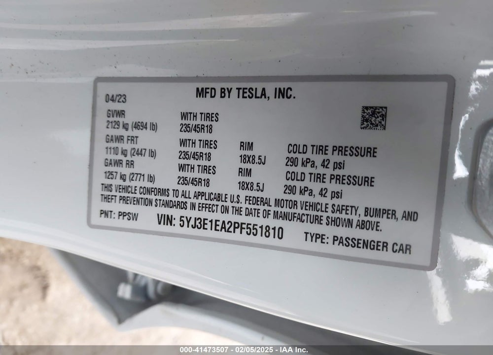 2023 TESLA MODEL 3 VIN: 5YJ3E1EA2PF551810