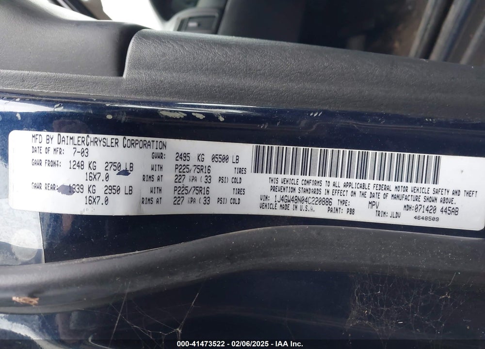 2004 JEEP GRAND CHEROKEE LAREDO VIN: 1J4GW48N04C220886