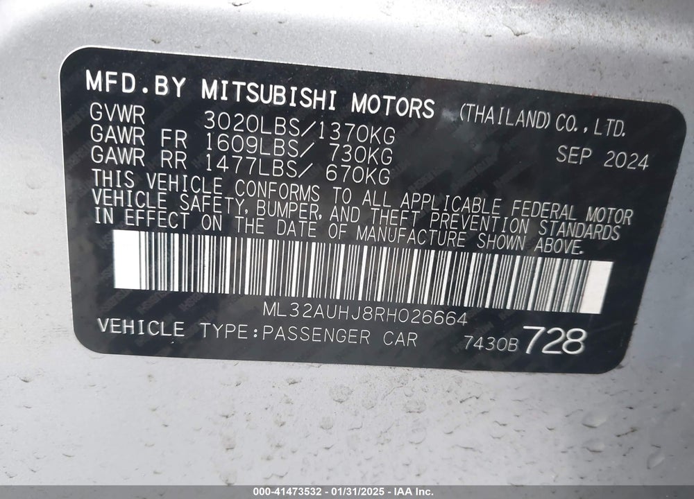 2024 MITSUBISHI MIRAGE VIN: ML32AUHJ8RH026664