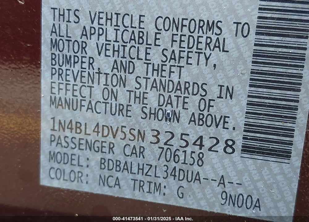 2025 NISSAN ALTIMA VIN: 1N4BL4DV5SN325428