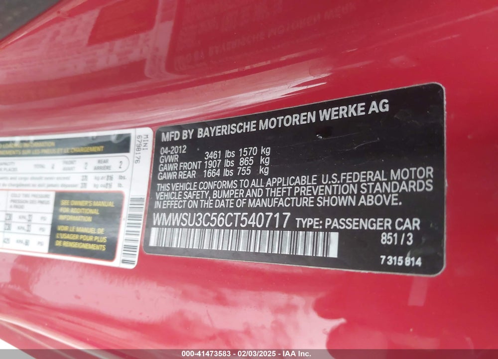 2012 MINI COOPER VIN: WMWSU3C56CT540717