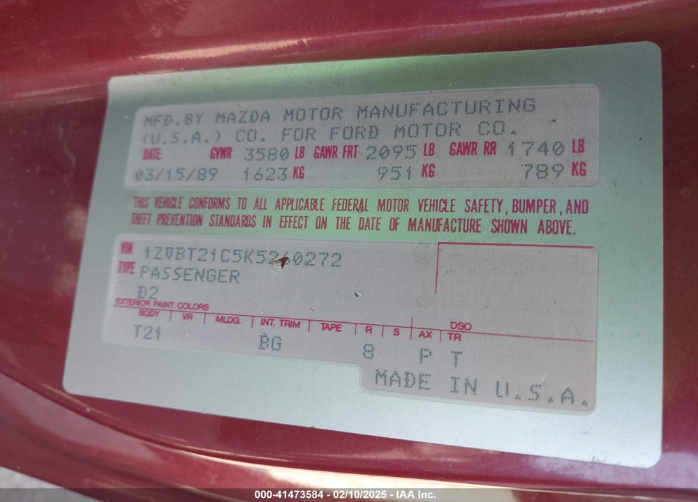 1989 FORD PROBE LX VIN: 1ZVBT21C5K5260272