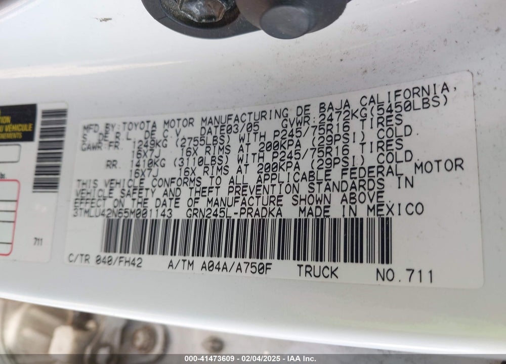 2005 TOYOTA TACOMA BASE V6 VIN: 3TMLU42N65M001143