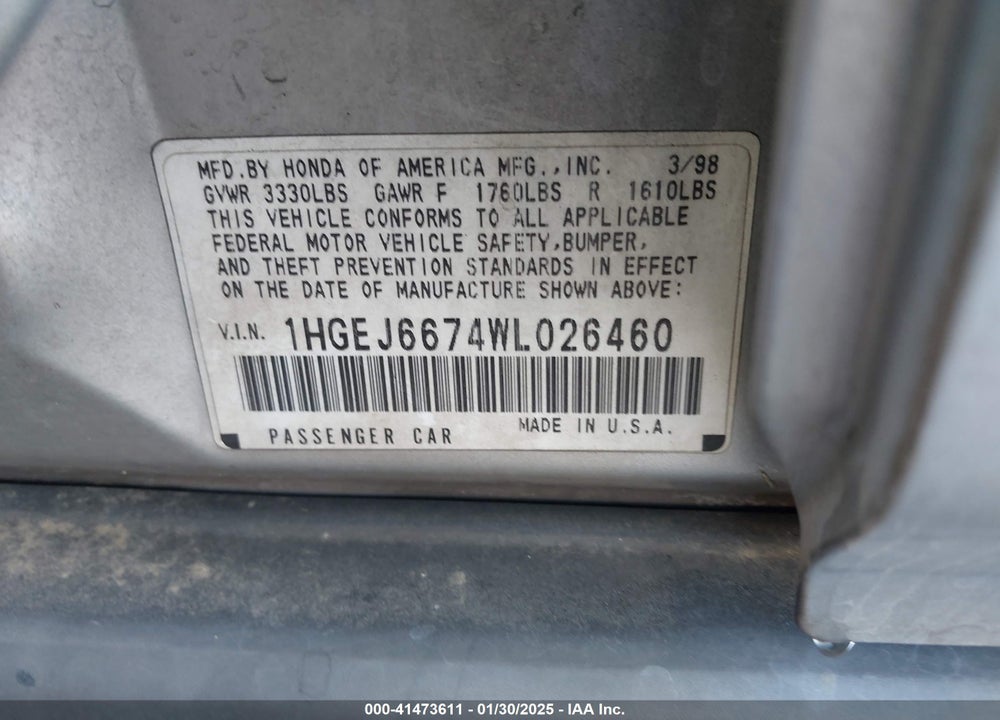 1998 HONDA CIVIC LX VIN: 1HGEJ6674WL026460