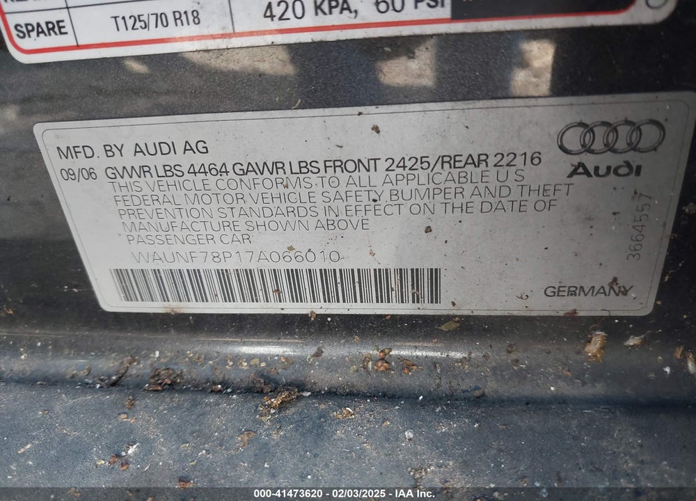 2007 AUDI A3 VIN: WAUNF78P17A066010