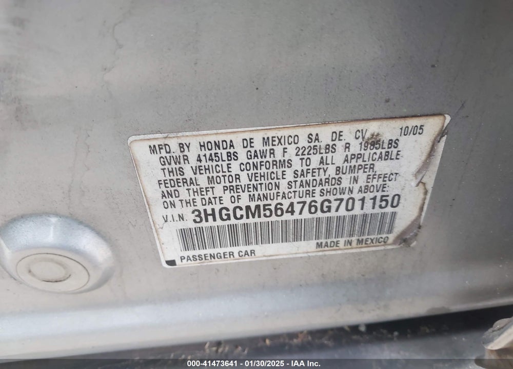 2006 HONDA ACCORD VIN: 3HGCM56476G701150