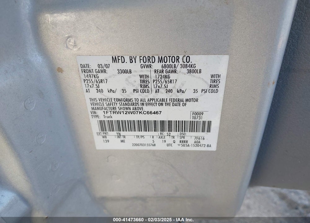 2007 FORD F-150 XLT VIN: 1FTRW12W07KC66467