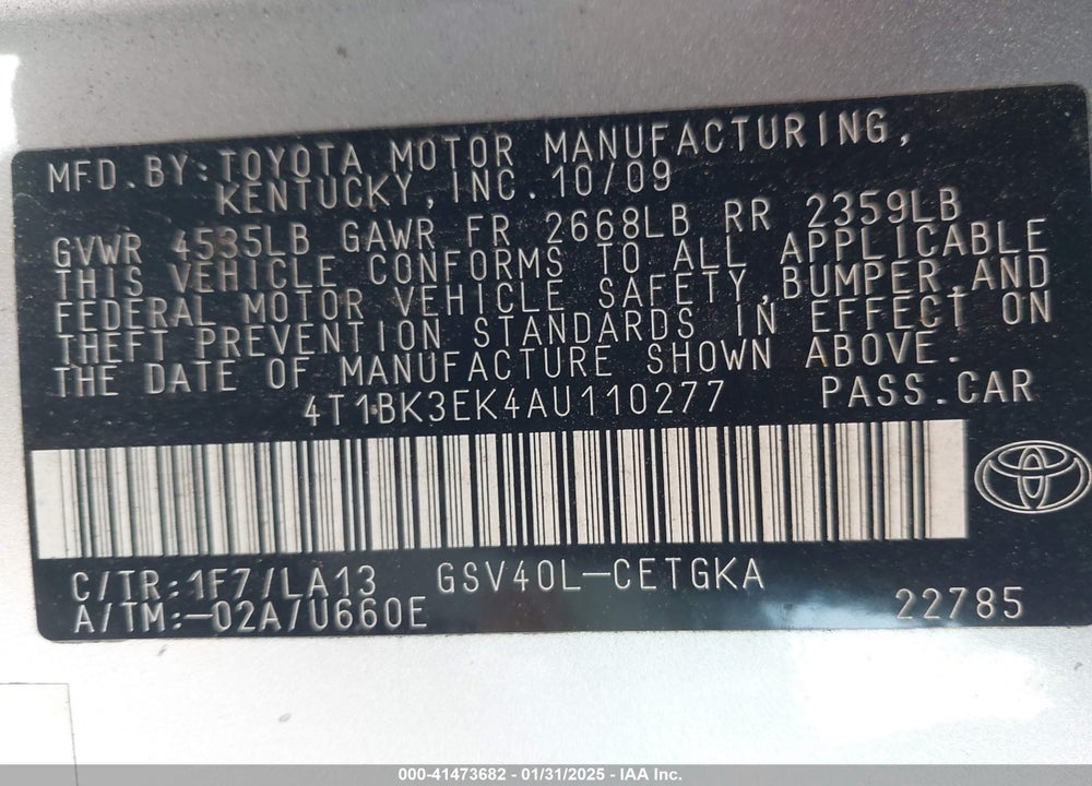 2010 TOYOTA CAMRY VIN: 4T1BK3EK4AU110277