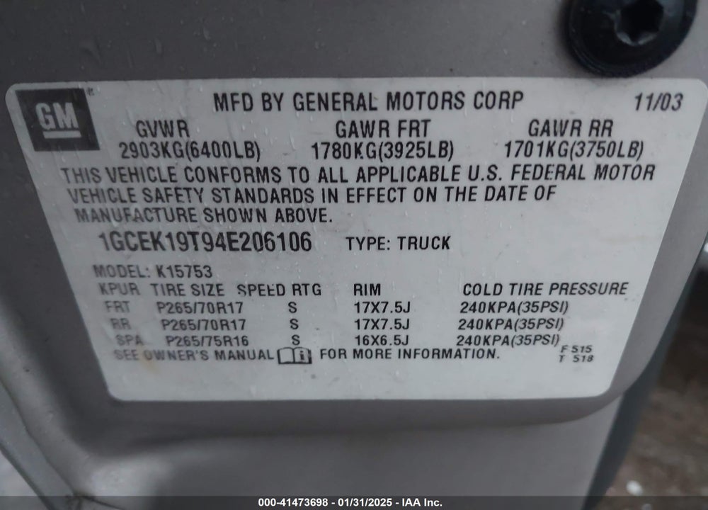 2004 CHEVROLET SILVERADO 1500 LT VIN: 1GCEK19T94E206106