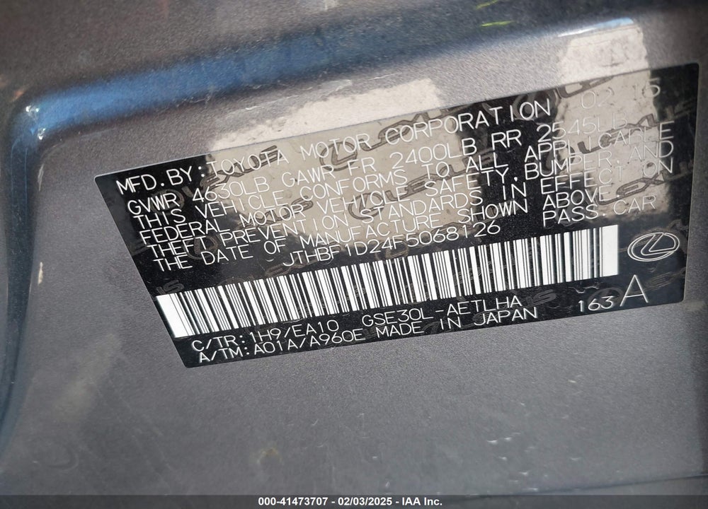 2015 LEXUS IS 250 VIN: JTHBF1D24F5068126