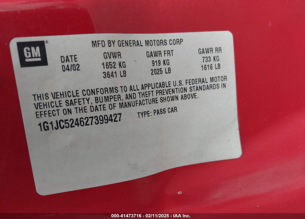 2002 CHEVROLET CAVALIER VIN: 1G1JC524627399427