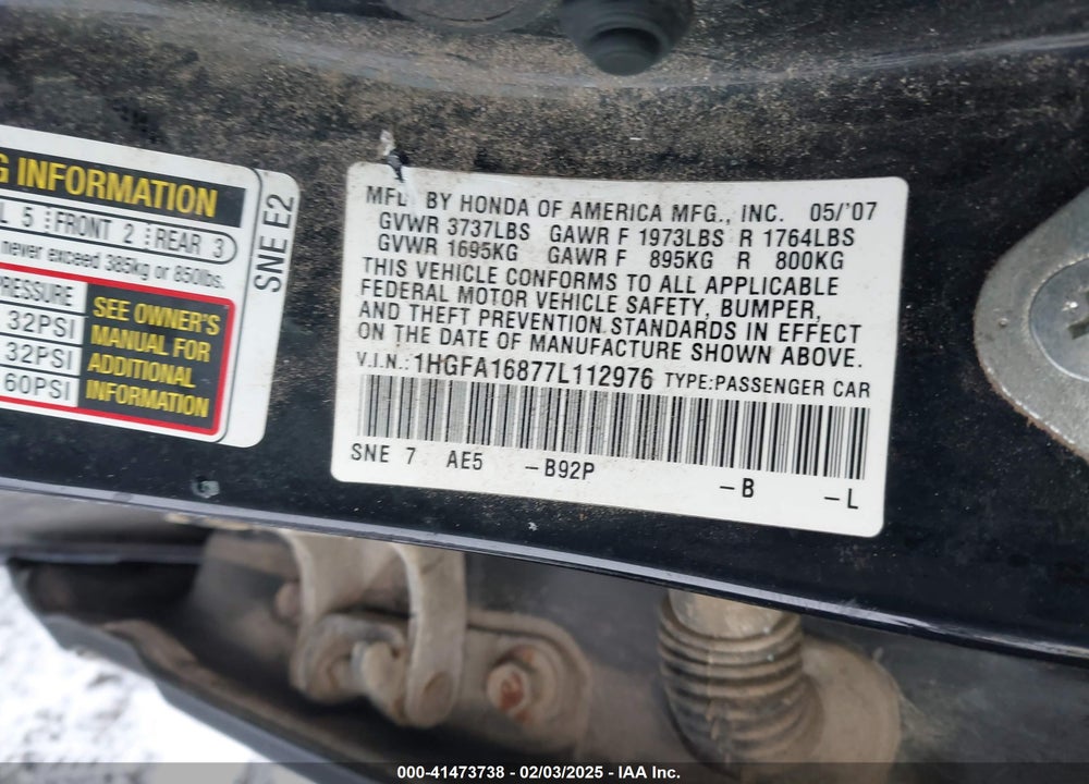 2007 HONDA CIVIC VIN: 1HGFA16877L112976