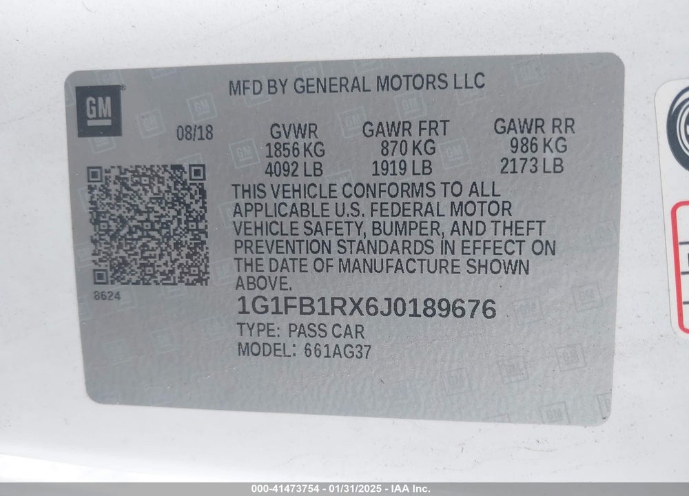 2018 CHEVROLET CAMARO VIN: 1G1FB1RX6J0189676