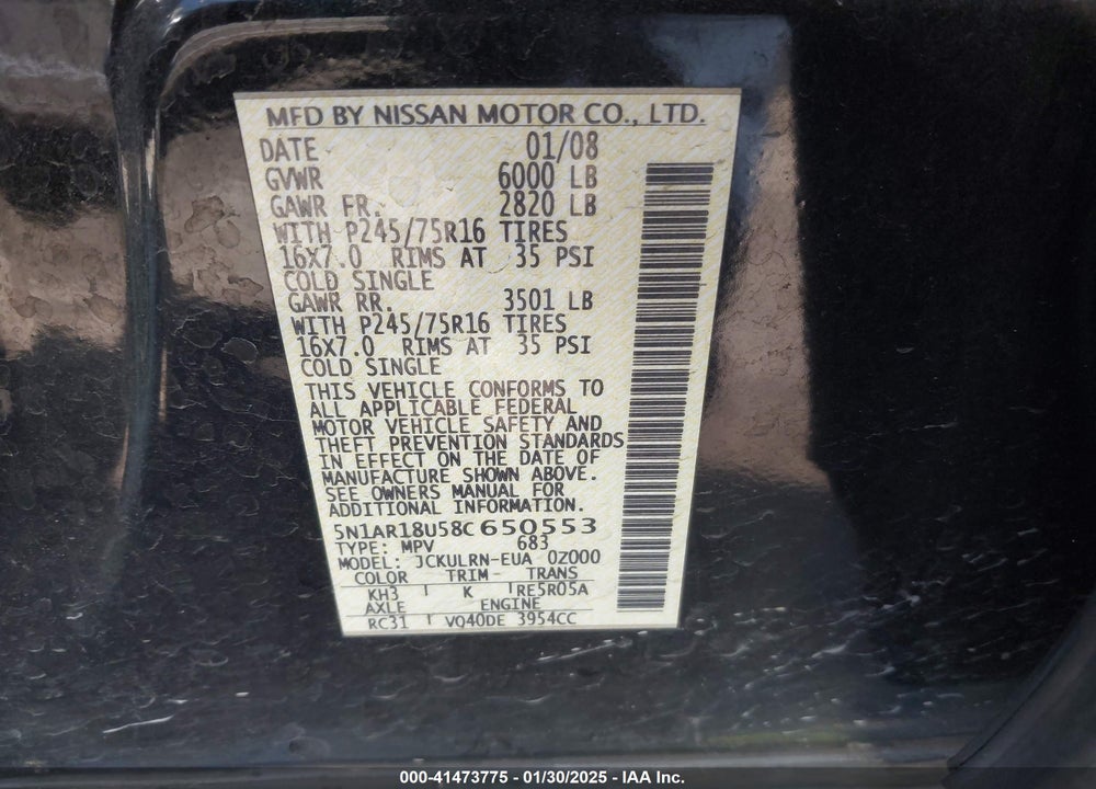 2008 NISSAN PATHFINDER S VIN: 5N1AR18U58C650553