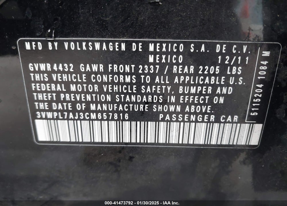 2012 VOLKSWAGEN JETTA VIN: 3VWPL7AJ3CM657816